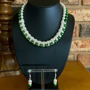 Vintage Silver toneFaux Green and White Pearl Necklace and Earrings set